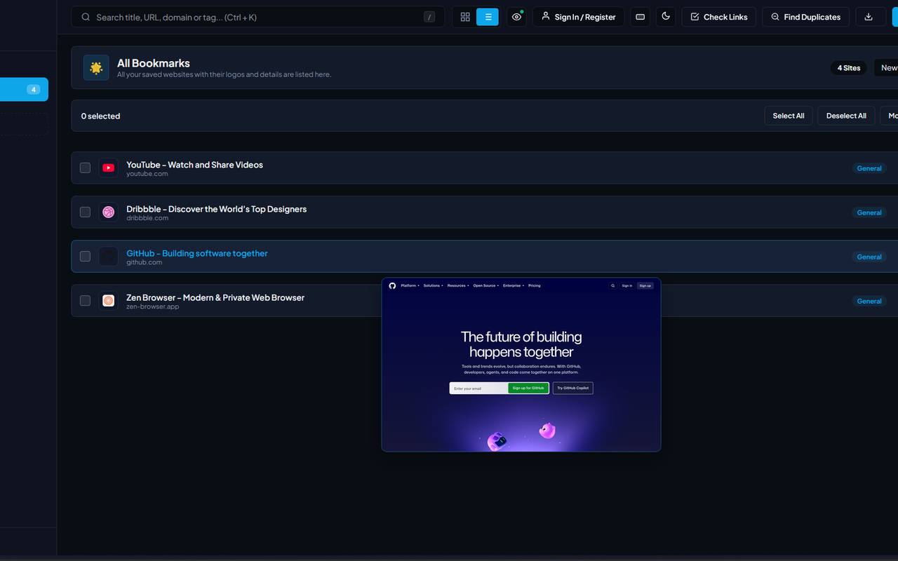 List view with hover preview